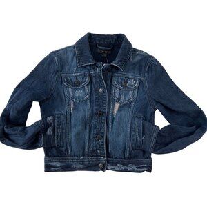 Twenty One Womens Size SP Small /Petite Jean Jacket Cropped Dark Wash Distressed